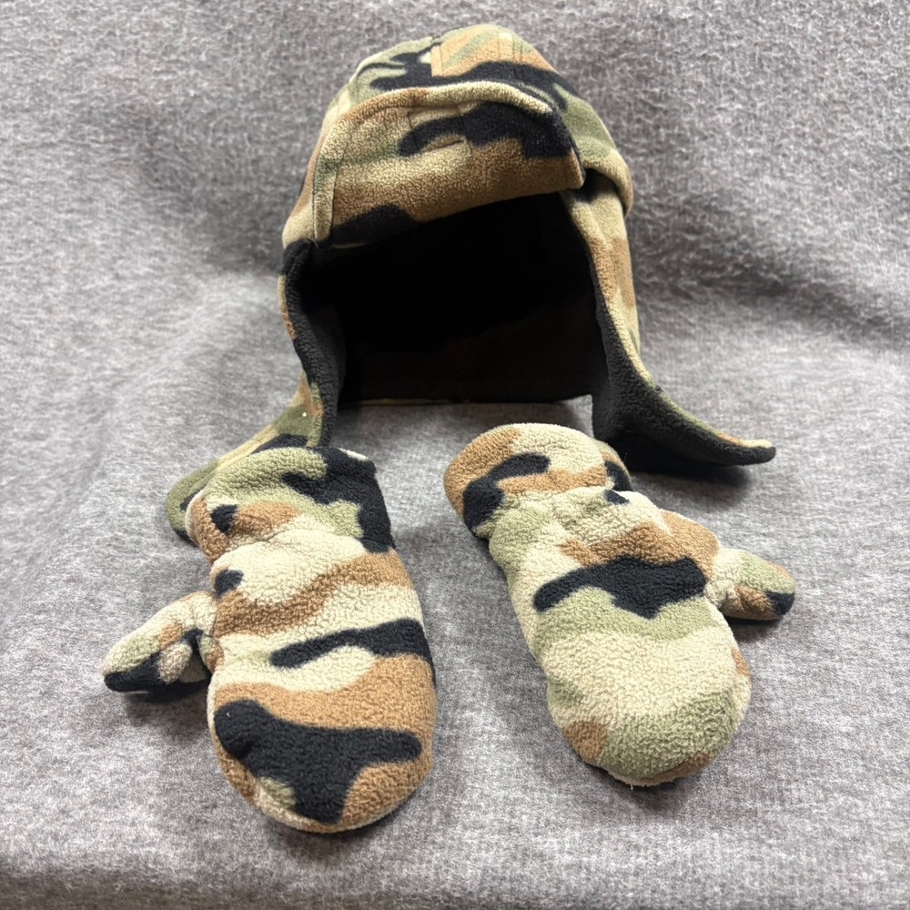 Kids Camo Fleece Trapper Hat w Mittens Set 2T-4T Winter Warm Playcore Practical - Picture 2 of 14